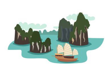 Vietnam Simgesel Yapı vektör çizim. Ha uzun defne karikatür tarzı. Asya seyahat cazibe, beyaz arka plan üzerinde izole. Geleneksel Vietnam gemi ile ünlü rock Island 