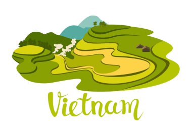 Vietnamca pirinç alan vektör simgesi. Üretim tesisi ile soyut Asya çayır. Düz çizgi film vektör çizim, beyaz arka plan üzerinde izole