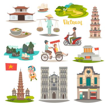 Vietnam Simgesel Yapı vektör simgeler kümesi. Vietnam hakkında resimli seyahat koleksiyonu. Vietnamca geleneksel kültürel semboller ve mimarisi. Asya seyahat cazibe, beyaz arka plan üzerinde izole