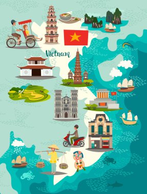 Vietnam Haritası vektör. Çocuk/çocuk için resimli harita Vietnam. Çizgi film soyut Vietnam ile atlas Simgesel Yapı ve geleneksel kültürel simgeleri. Seyahat cazibe simge