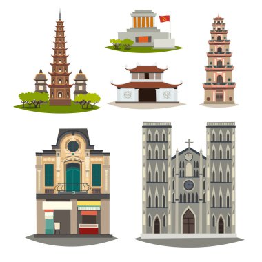 Vietnam vektör yapı toplama. Detaylı pagoda, house, Türbesi çizgi film illüstrasyon. Tarihi yerler cityscape beyaz arka plan üzerinde izole. Şehirde, düz çizgi film tarzı mimarisi 
