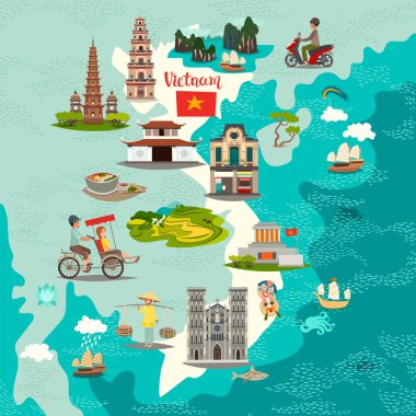 Vietnam soyut harita, elle çizilmiş vektör çizim. Vietnam illüstrasyon simge simgeler ile seyahat. Çocuklar, sanat seyahat kartı, Vietnamca mimarisi için poster