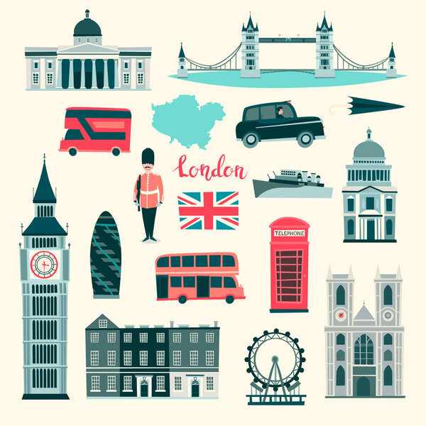 London vector illustration set. Cartoon United Kingdom icons. London tourist landmarks. Tower bridge art. London symbols red phone booth and bus. Isolated on white background