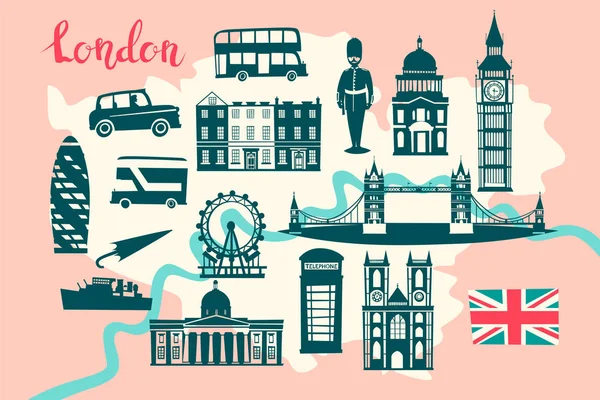 Londres Ilustrado Mapa Vetor Skyline Silhueta Ilustração Cor Rosa Cinza —  Vetores de Stock