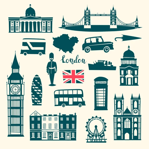 Londýn Vektorové Ilustrace Sada Kreslený Velká Británie Panorama Silueta Ikony — Stockový vektor