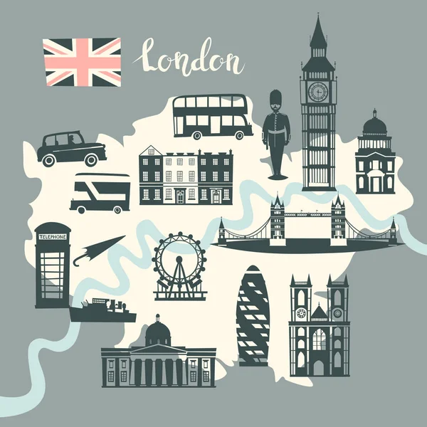 Londres Ilustrado Mapa Vetor Skyline Silhueta Ilustração Cor Cinza Cartaz — Vetor de Stock