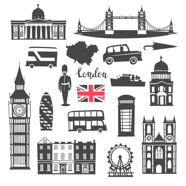 London Vector Illustration Set Cartoon United Kingdom Skyline Silhouette Icons — Stock Vector