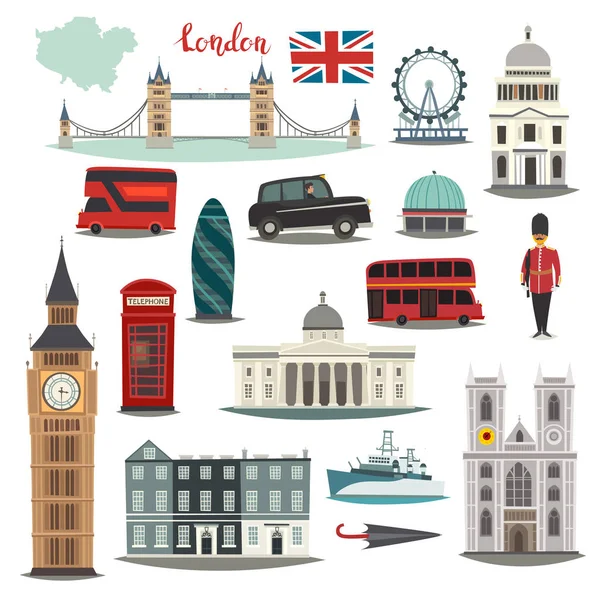 伦敦向量例证大收藏 卡通英国图标 皇家卫队 桥塔和红色巴士 威斯敏斯特修道院和大本钟建筑 旅游地标和景点 — 图库矢量图片