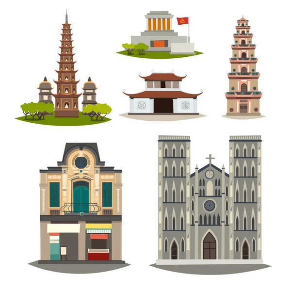 Vietnam Vektor Byggesamling Detaljert Pagode Hus Mausoleumstegning Historisk Sted Byen – stockvektor