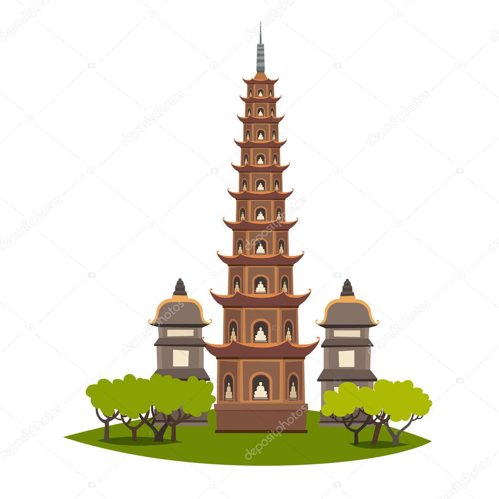 Thien Mu Pagoda vector sign. Pagoda in Vietnam, historic sight attraction. Flat cartoon style Vietnamese traditional cultural symbols isolated on white background
