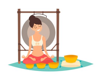 Meditasyon, yoga vektör çizim yapma genç kadın. Gong ve şarkı kase. Sakin ol ve beyaz arka plan üzerinde izole kavramı, sakin