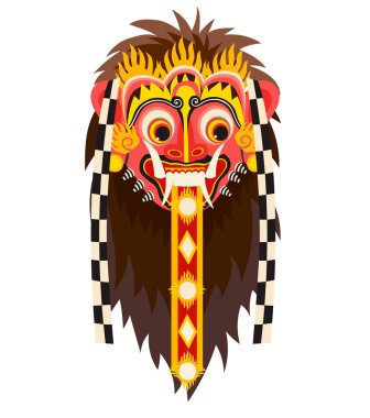 Barong bali maskesi. Bali yerlerinden halat vektör. Derma manevi Balili simgesi. Etnik Endonezya geleneksel sanat işareti. Dişleri olan korkunç korku yüz. Beyaz arka plan üzerinde izole