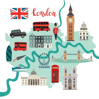 Londra harita vektör. Soyut atlas poster. Çocuk/çocuk için resimli harita Londra. Renkli simge İngiltere sermaye simge tasarlamak. Kule Köprüsü. Londra sembollerin kırmızı telefon kulübesine girip otobüs