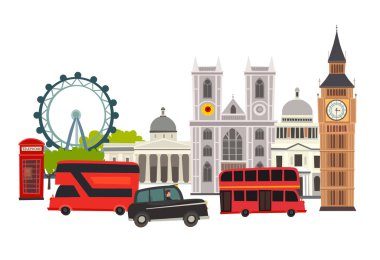 Londra manzarası vektör çizim. Mimari ve taşıma. İngiltere'de landmark London şehir sokak karikatür tarzı. Beyaz arka plan üzerinde izole. İngiltere İngiltere için seyahat