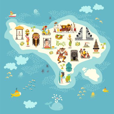 Bali Harita vektör. Bali resimli Haritası çocuk/çocuk için. Simgesel Yapı ile Bali karikatür soyut atlas: çardak, Tapınak, motosiklet ve Bali dili dansçı