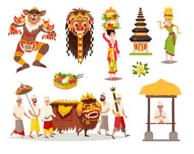 Bali geleneksel kültürel kavramlar illüstrasyon set vektör. Bali dili geleneksel yeni yıl, etnik maskesi ve dans. Ubud Endonezya töreni ve çizilmiş Tapınağı sanat oturum açın. Beyaz arka plan üzerinde izole