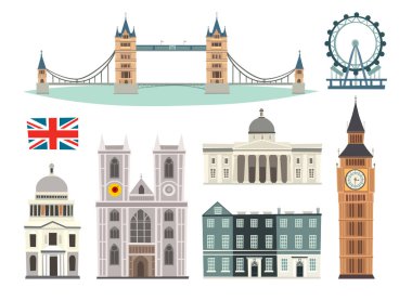 Londra manzara vektör resim koleksiyonu. Çizgi film İngiltere simgeler. Londra turist yerler çıkartmaları. Beyaz arka plan üzerinde izole