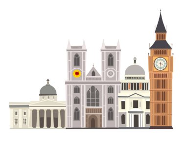 Londra sokak manzarası vektör çizim. Westminster Abbey, Big Ben saat kulesi ve St. Paul Katedrali binalar simgesi. İngiltere'de landmark London şehir sokak karikatür tarzı. İzole beyaz 