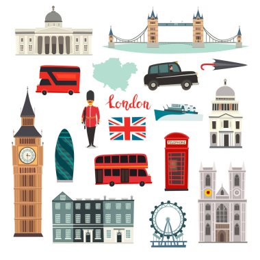 Londra vektör çizim set. Çizgi film İngiltere simgeler. Londra turist yerler. Kule Köprüsü sanat. Londra sembollerin kırmızı telefon kulübesine girip otobüs. Beyaz arka plan üzerinde izole