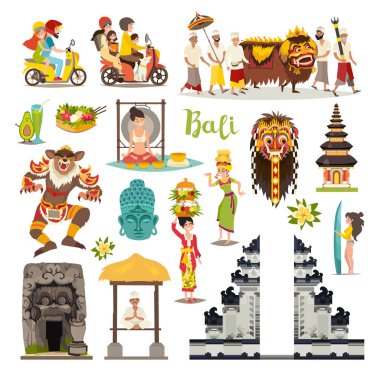 Bali simge simgeler kümesi vektör. Resimli seyahat koleksiyonu. Bali dili geleneksel Temple, etnik maske, Endonezya insanlar ve turist, Buda çizilmiş sanat işareti. Beyaz arka plan üzerinde izole