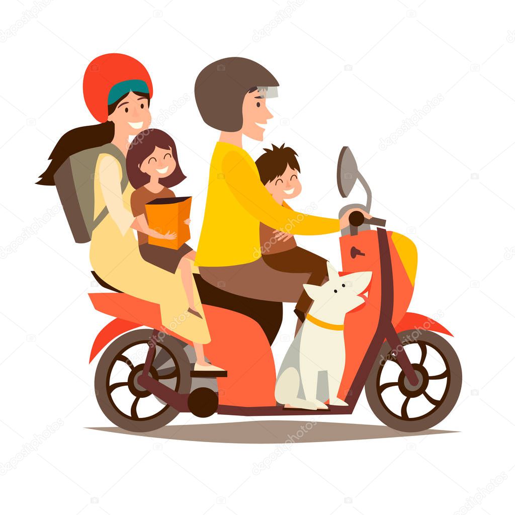 Happy family on scooter. Man and woman with children and dog on motorcycle vector illustration. People drive motorbike. Retro scooter cartoon flat design, isolated on white background