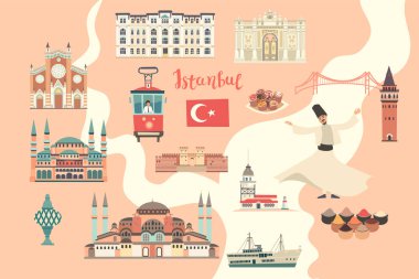 İstanbul City renkli vektör haritası. Ünlü İstanbul binası. Pastel pembe renkler