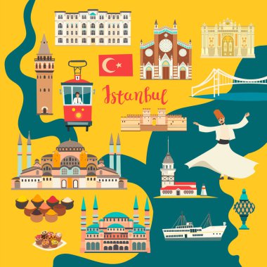 İstanbul City renkli vektör haritası. Ünlü İstanbul binası. Cami ve Türkiye'nin simgeleri kart atlası