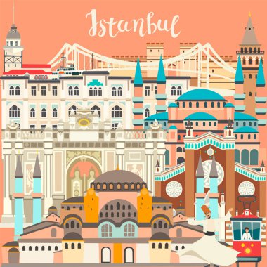 İstanbul City renkli vektör kartı. Ünlü İstanbul binası. Cami ve Türkiye'nin simgeyapıları soyut panoramik sokak