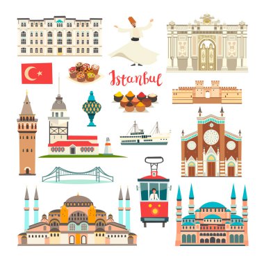 İstanbul City renkli vektör koleksiyonu. İstanbul binası ve simgesel yapılar. Cami, Tapınak karikatür tarzı