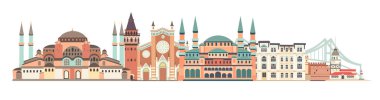İstanbul City renkli siluet vektör illüstrasyon. İstanbul'un panoramik, ünlü binası. Saray ve köprü simgeleri. Tarihi soyut simge