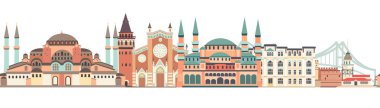 İstanbul City renkli siluet vektör sorunsuz desen. Ünlü İstanbul binası