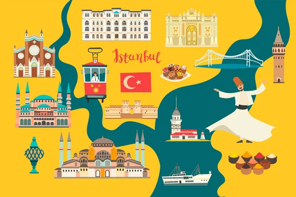 İstanbul City renkli vektör haritası. Ünlü İstanbul binası. Cami ve Türkiye'nin simgeleri kart atlası