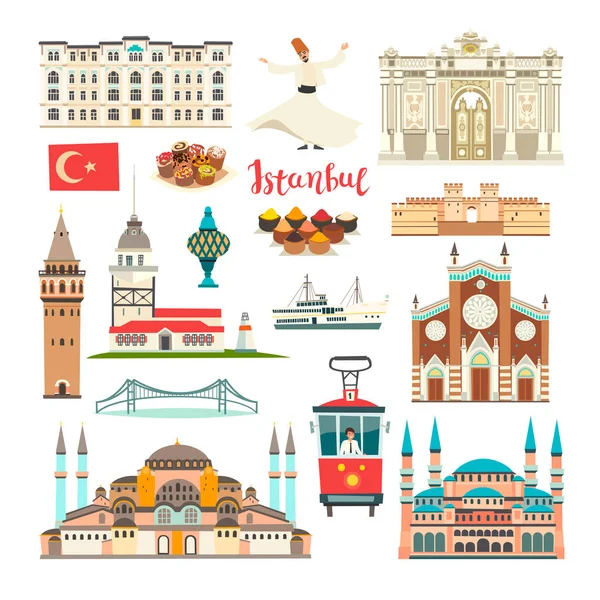 İstanbul City renkli vektör koleksiyonu. İstanbul binası ve simgesel yapılar. Cami, Tapınak karikatür tarzı