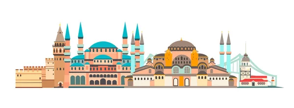 伊斯坦布尔市五颜六色的天际线矢量插图 伊斯坦布尔全景 著名建筑 — 图库矢量图片