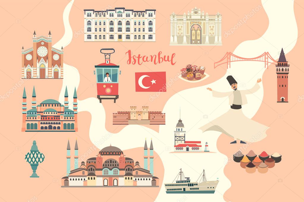 Istanbul City colorful vector map. Famous Istanbul building. Pastel pink colors