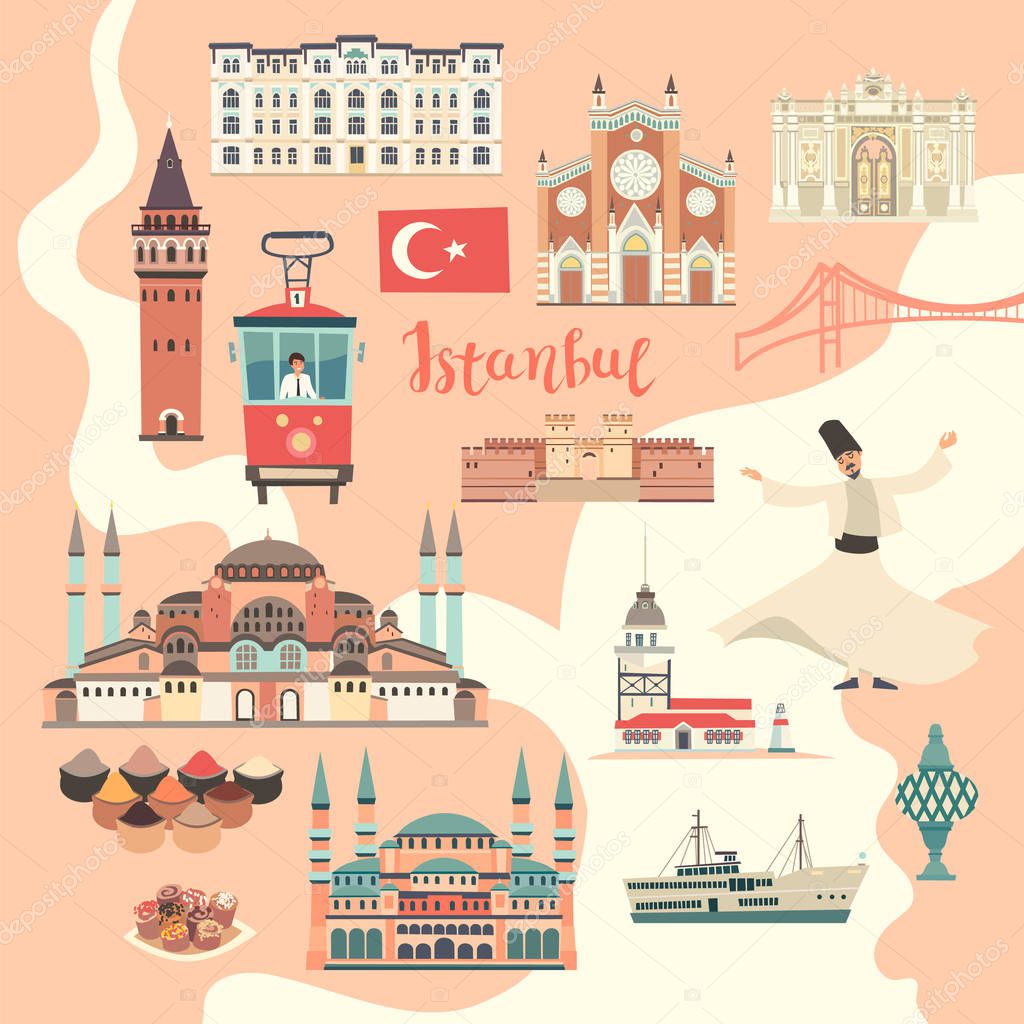 Istanbul City colorful vector map. Famous Istanbul building. Mosque and Turkey landmarks card atlas