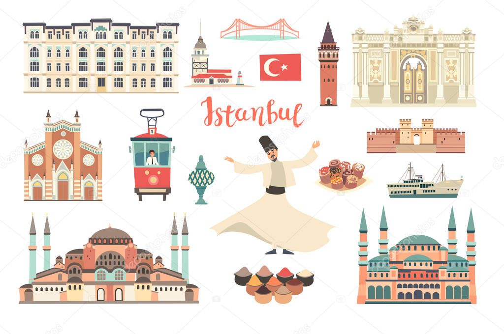 Istanbul City colorful vector collection. Istanbul building and landmarks. Mosque, Temple cartoon style. Bridge and Palace icon