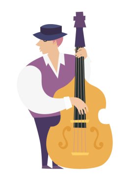 Contrabassist oyuncu vektör renkli illüstrasyon. Contrabassist oyuncu karakterleri karikatür düz tarzı. Beyaz arka planda yalıtılmış