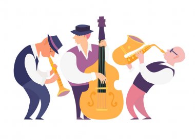 Karikatür caz müzisyenleri grup vektör illüstrasyon: contrabassist, saksafon ve klarnet. Müzik aletleriyle çalan insanlar. Beyaz arka planda yalıtılmış