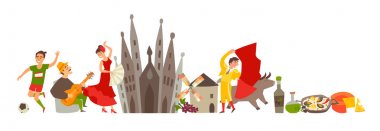 İspanya silueti renkli karikatür arka plan. İspanya el vektör illüstrasyon çizilmiş. İspanyol seyahat simgeleri ve cazibe. Beyaz arka planda yalıtılmış vektör çizimi