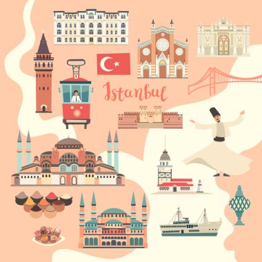 İstanbul City renkli vektör haritası. Ünlü İstanbul binası. Cami ve Türkiye'nin simgeleri kart atlası