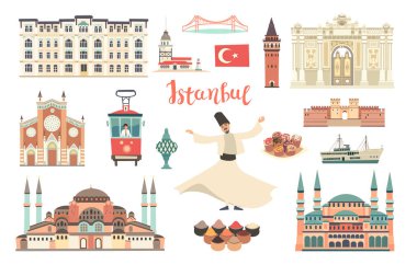 İstanbul City renkli vektör koleksiyonu. İstanbul binası ve simgesel yapılar. Cami, Tapınak karikatür tarzı. Köprü ve Saray simgesi. 