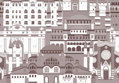İstanbul City renkli vektör dikişsiz desen. Tek renkli mavi renkler. Ünlü İstanbul binası