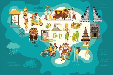 Bali harita vektörü. Soyut atlas posteri. Çocuk / çocuk için Bali Resimli harita. Renkli yerler tasarım Kapı mimarisi ve tapınak. Geleneksel yeni yıl. Bali maskesi ve ruhlara sunular