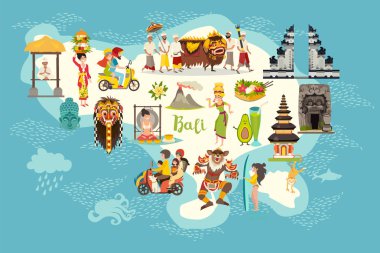 Bali Harita vektör. Bali resimli Haritası çocuk/çocuk için. Simgesel Yapı ile Bali karikatür soyut atlas: çardak, Tapınak, motosiklet ve Bali dili dansçı