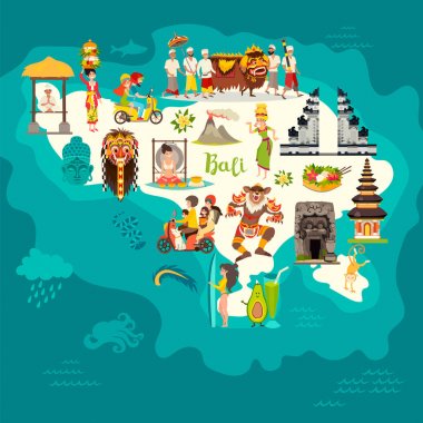 Bali harita vektörü. Soyut atlas posteri. Çocuk / çocuk için Bali Resimli harita. Renkli yerler tasarım Kapı mimarisi ve tapınak. Geleneksel yeni yıl. Bali maskesi ve ruhlara sunular