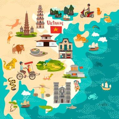 Vietnam soyut haritası. Renkli vektör posteri. Eski gemi ve çekçek simgeleri. Geleneksel Vietnam gıda ve pirinç tarlaları arka plan. Soyut Ha uzun Bay ve mozole. Pagoda ve Kilise mimari tasarım. Geleneksel Vietnam yemekleri.