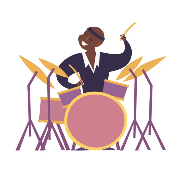 Barevná Ukázka Vektorového Hráče Bubnu Postavy Bubnů Kresleném Stylu Izolované — Stockový vektor