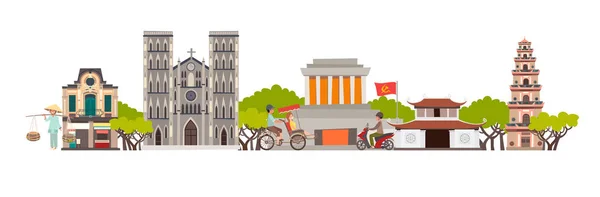 越南天际线色彩缤纷的背景 著名的越南建筑 越南手绘矢量插图 越南旅游地标 在白色背景上隔离的矢量插图 — 图库矢量图片