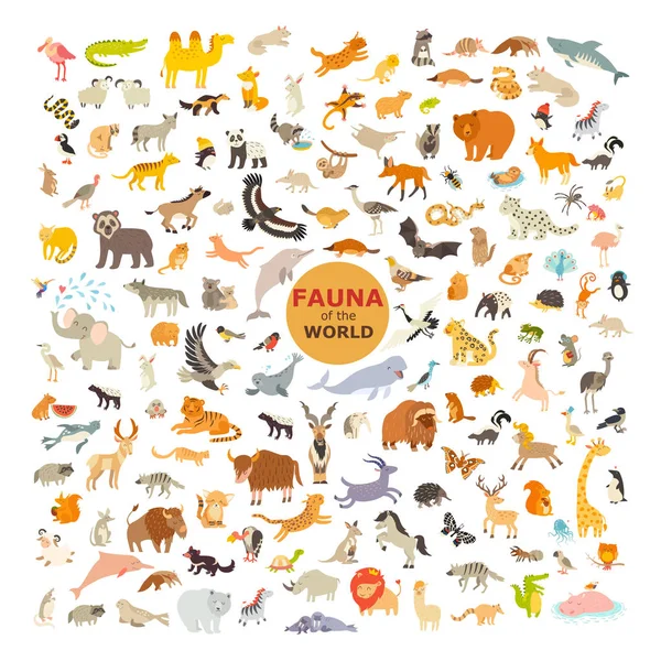 Hayvan karikatür vektör illüstrasyon. Fauna simgesi seti. Beyaz bir arka plan üzerinde izole hayvanların büyük koleksiyonu